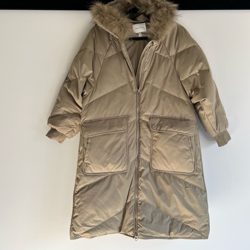 Urban Revivo Down Insulated Beige Puffer Coat with Raccoon Fur Collar Size US 4